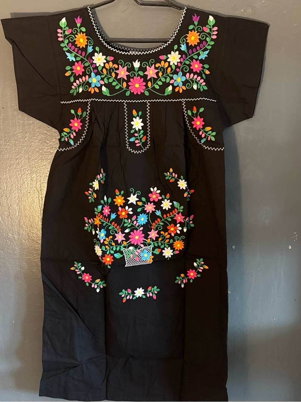 Unik Black Midi Dress with Multicolor Floral Embroidery